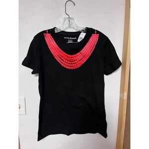 Norma Kamali Black Organic Cotton Crew Neck T Shirt Beaded Necklace Graphic‎ L